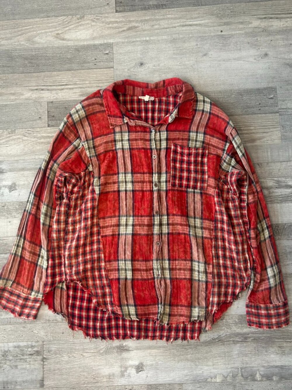 Mystree Red Plaid Oversized Long Sleeve Women's Button Down Top Size Large P32